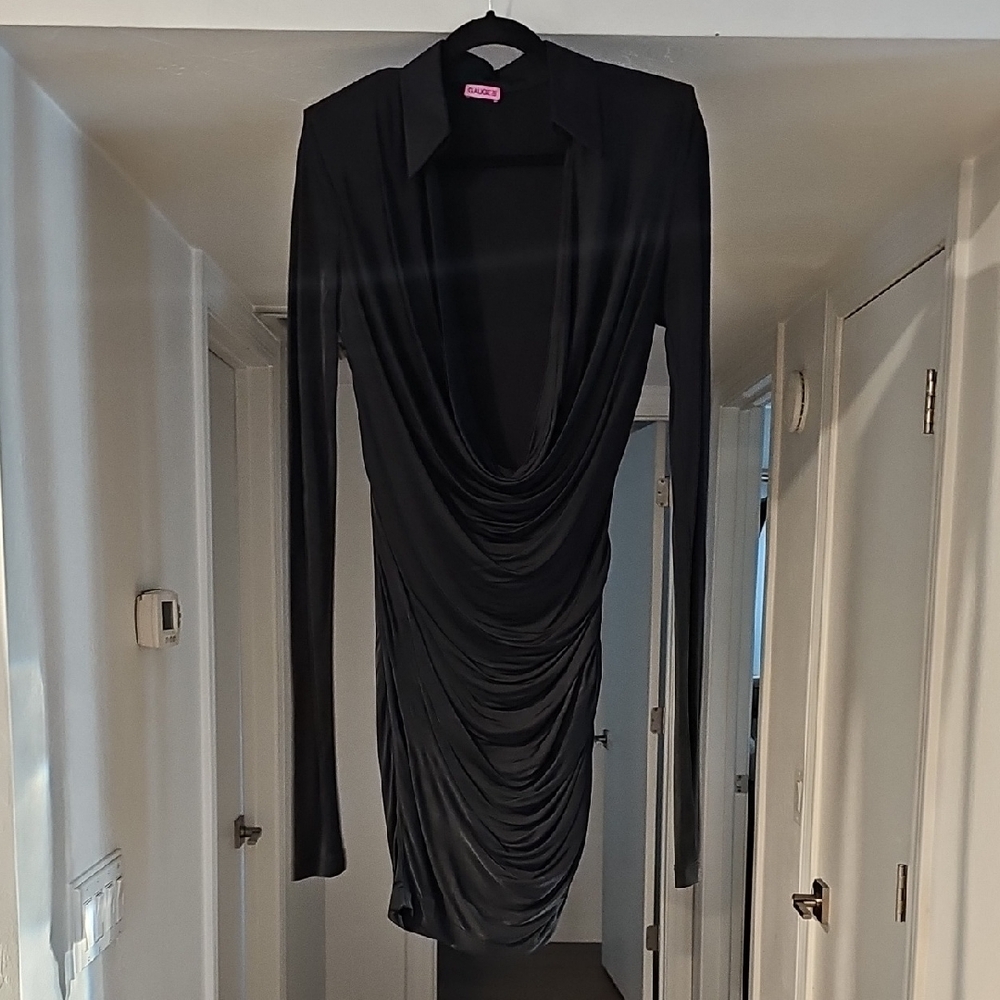 Gauge81 Elegant Black Draped Long Sleeve Dress Plunge Neckline Size Small